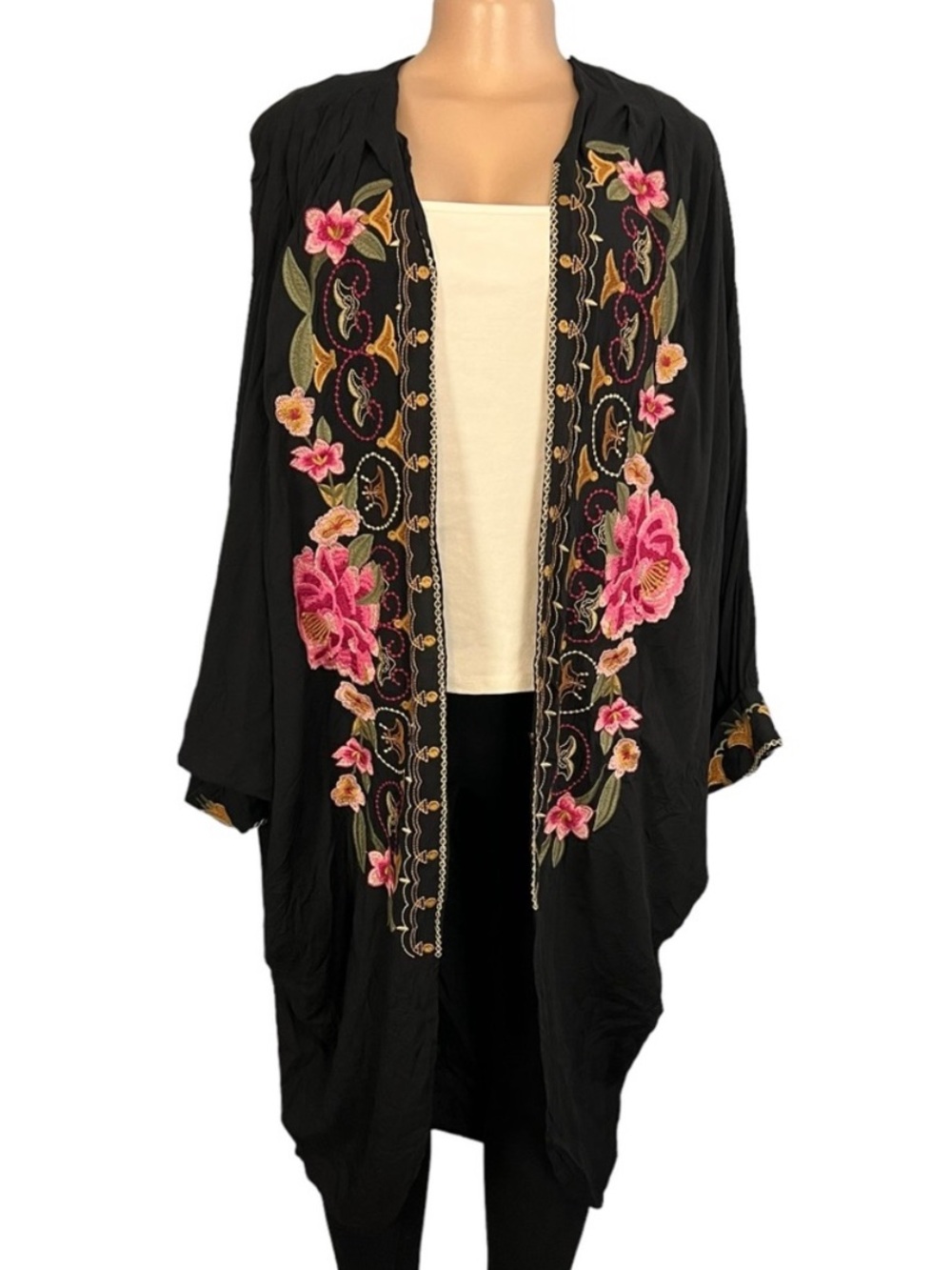 Paparazzi By Biz Floral Embroidered Kimono Topper Swim Cover Open Front Bohemian